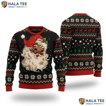 African American Santa Christmas Sweater Retro Vintage Black Top