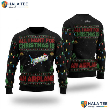 Airplane Aviation Ugly Christmas Sweater Funny All I Want Holiday
