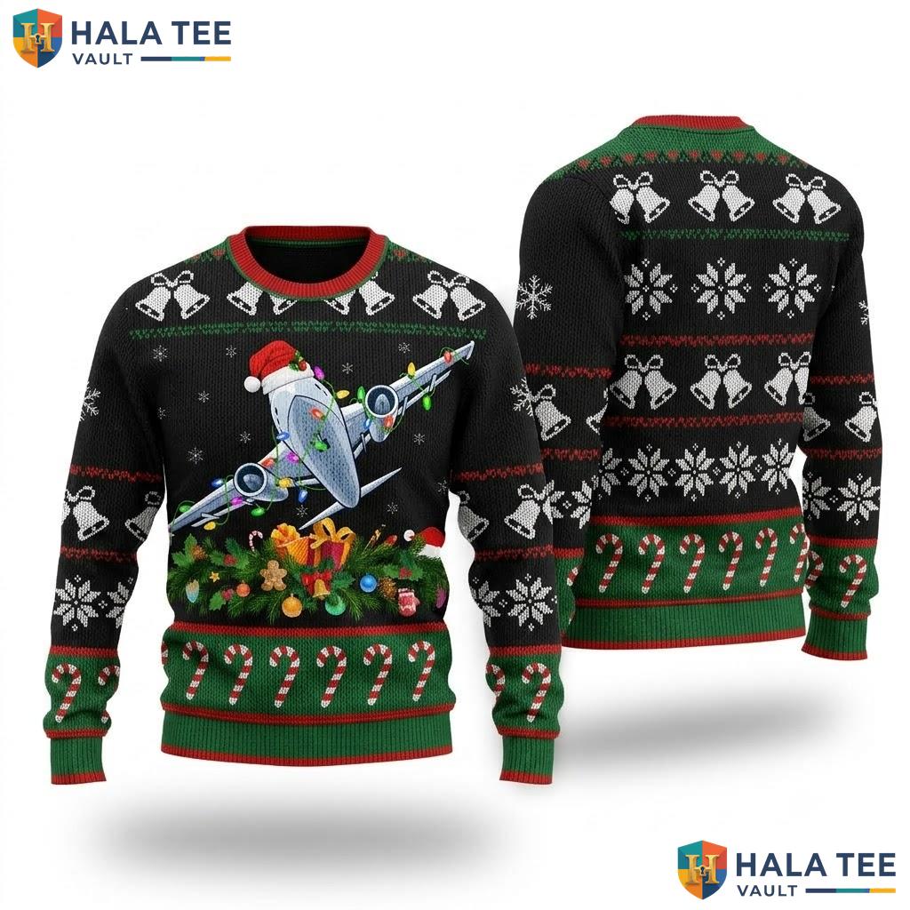 Airplane Aviation Ugly Christmas Sweater Funny Xmas Lights Holiday