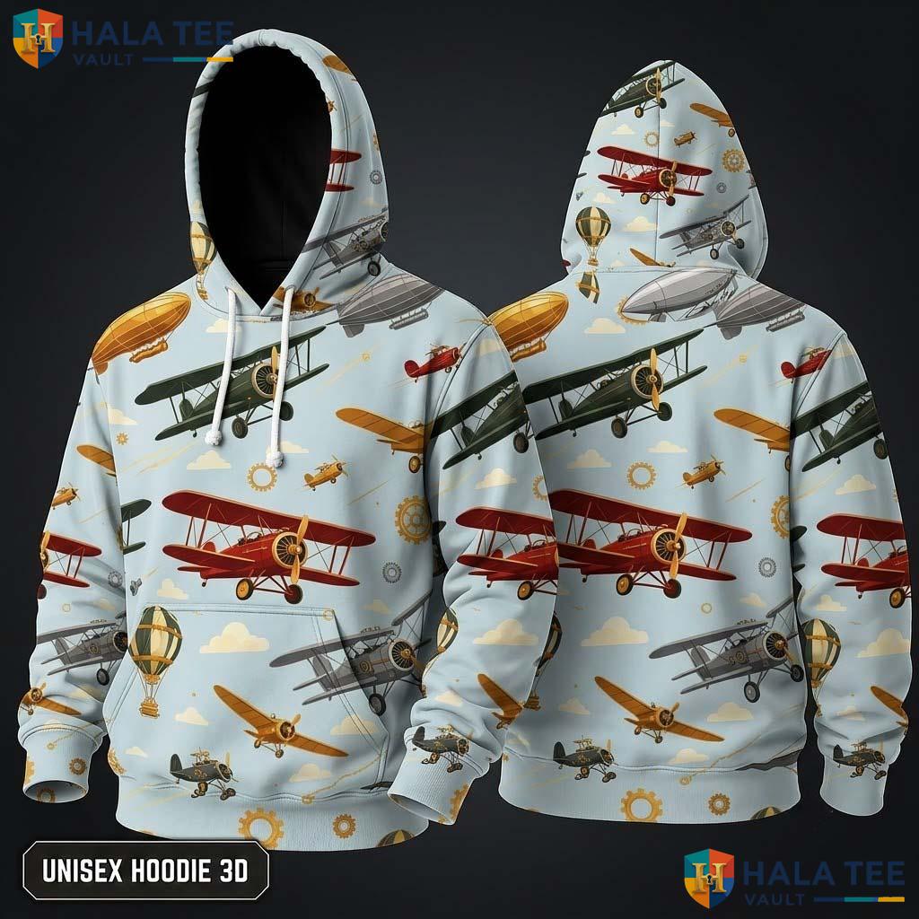 Airplane Hot Air Thanksgiving 3D Hoodie Vintage Light Blue Background