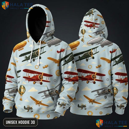 Airplane Hot Air Thanksgiving 3D Hoodie Vintage Light Blue Background