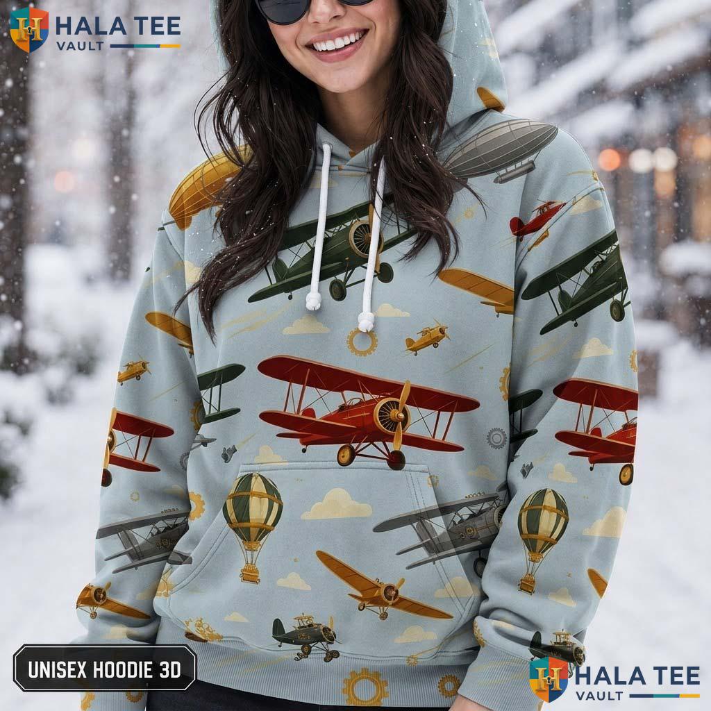 Airplane Hot Air Thanksgiving 3D Printed Hoodie Vintage Light Blue Background
