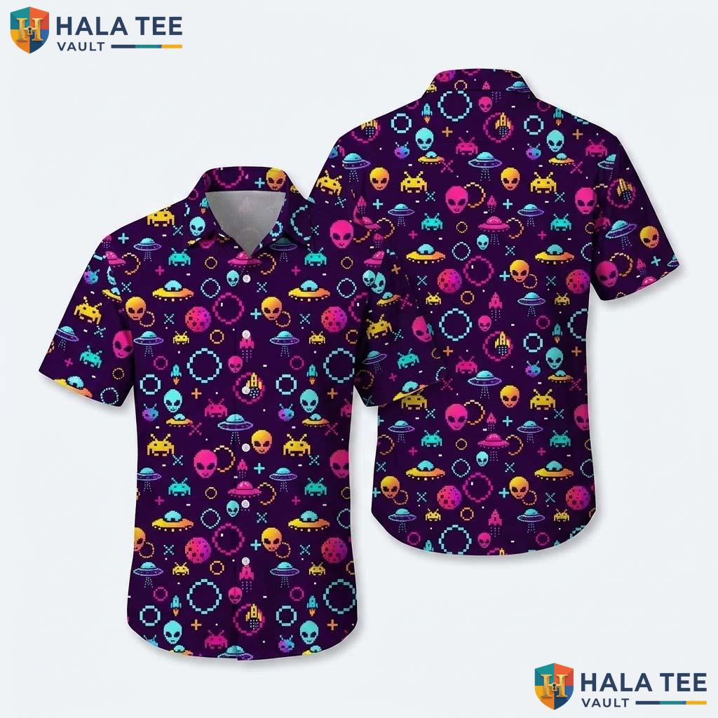 Alien Graphic Farm Life Hawaiian Shirt Mens Aloha Button Down Summer