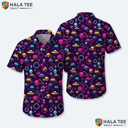 Alien Graphic Farm Life Hawaiian Shirt Mens Aloha Button Down Summer