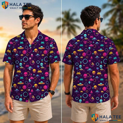 Alien Graphic Farm Life Tropical Shirt Mens Aloha Button Down Summer