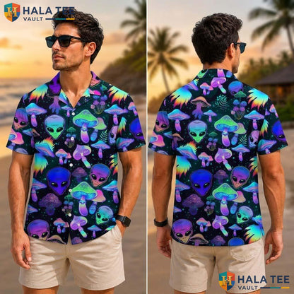 Alien Mushroom Farm Life Tropical Shirt Mens Aloha Button Down Summer