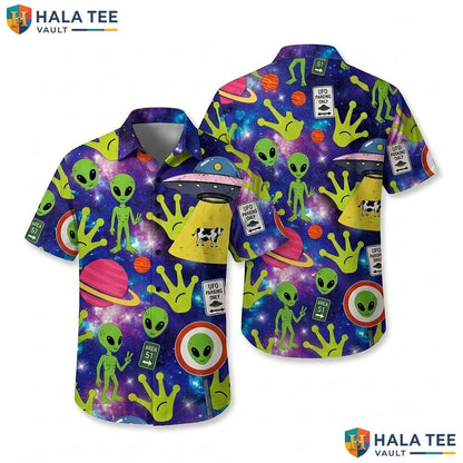 Aliens Graphic Farm Life Hawaiian Shirt Mens Aloha Button Down Vacation