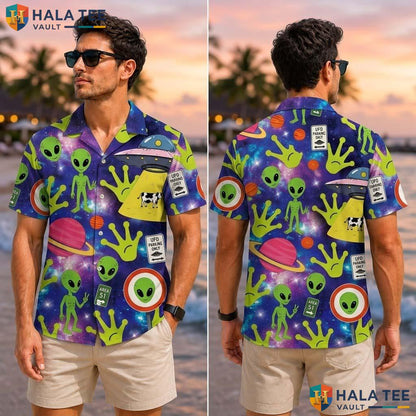 Aliens Graphic Farm Life Tropical Shirt Mens Aloha Button Down Vacation