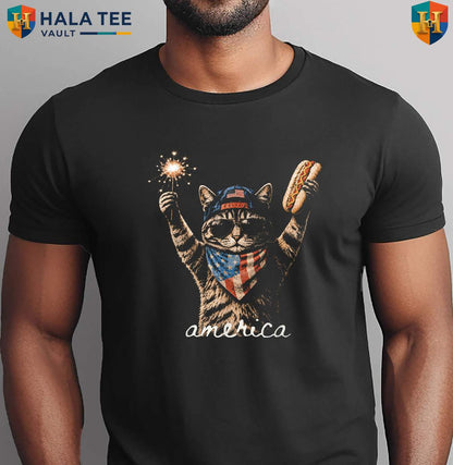 America Cat Hot Dog Shirt Retro Funny Lovers Patriotic US Flag Graphic Top