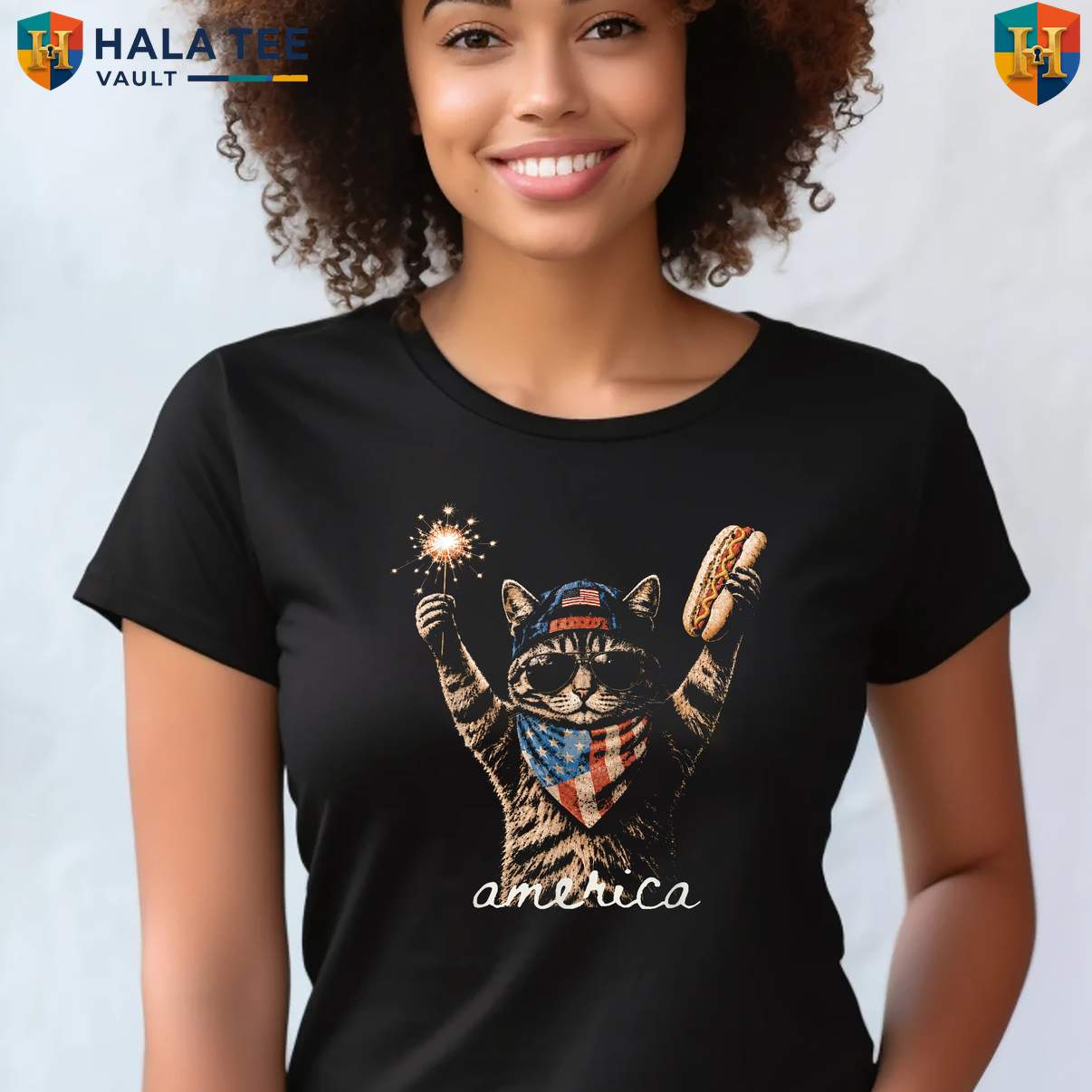 America Cat Hot Dog Tee Shirt Retro Funny Lovers Patriotic US Flag Graphic Top