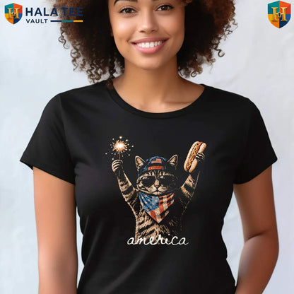 America Cat Hot Dog Tee Shirt Retro Funny Lovers Patriotic US Flag Graphic Top