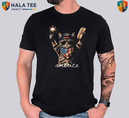 America Cat Hot Dog T-Shirt Retro Funny Lovers Patriotic US Flag Graphic Top