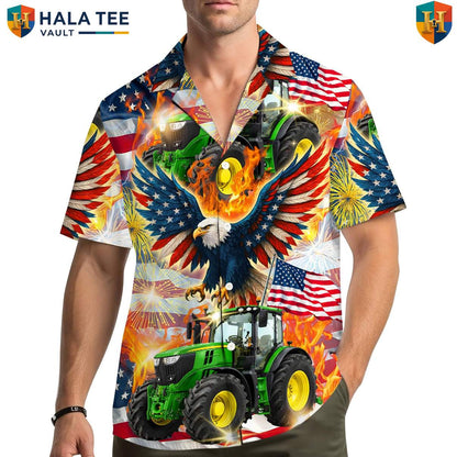 American Eagle Tractor Hawaiian Shirt Mens Farm Country Patriotic Resort Top
