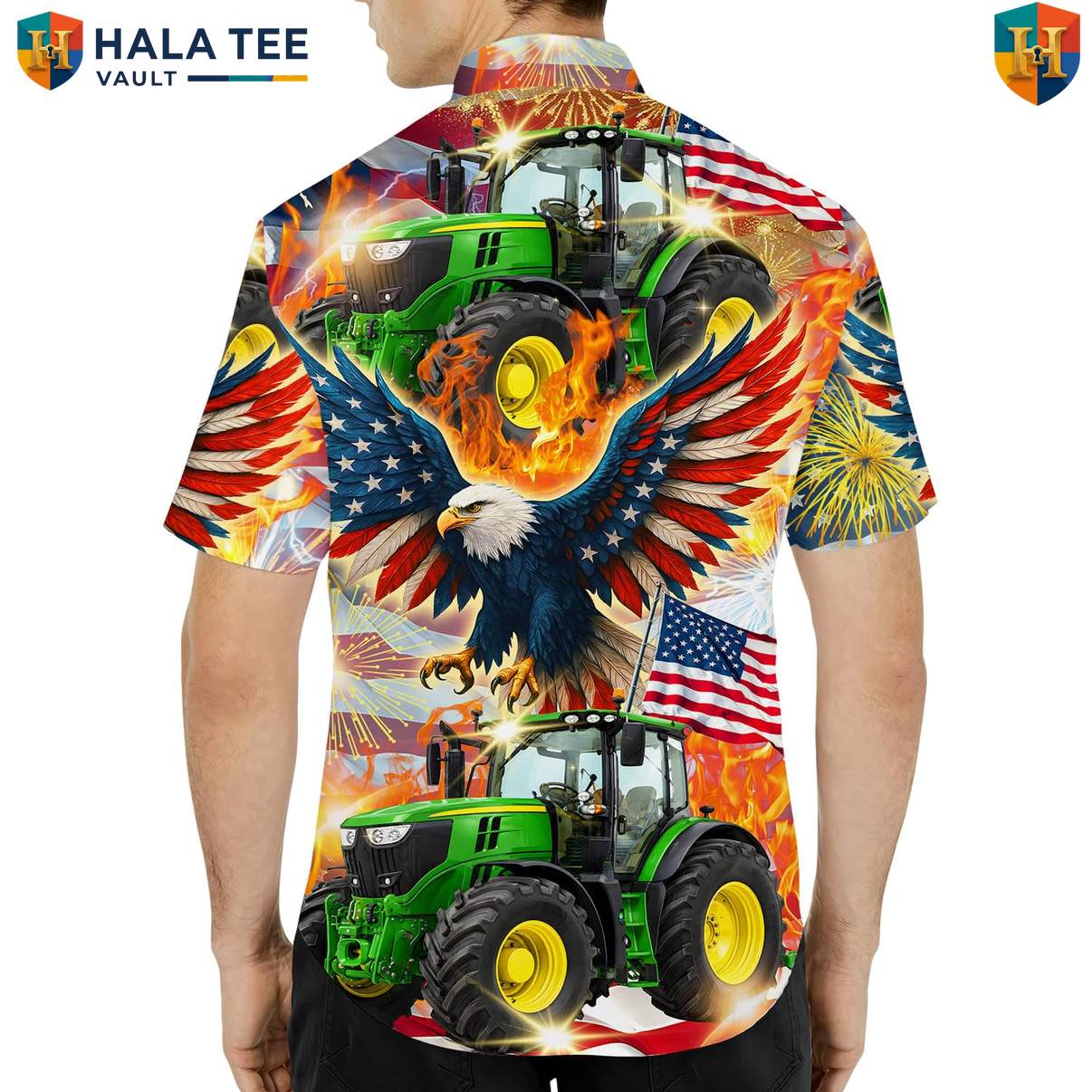 American Eagle Tractor Short-sleeve button-up shirt Mens Farm Country Patriotic Resort Top