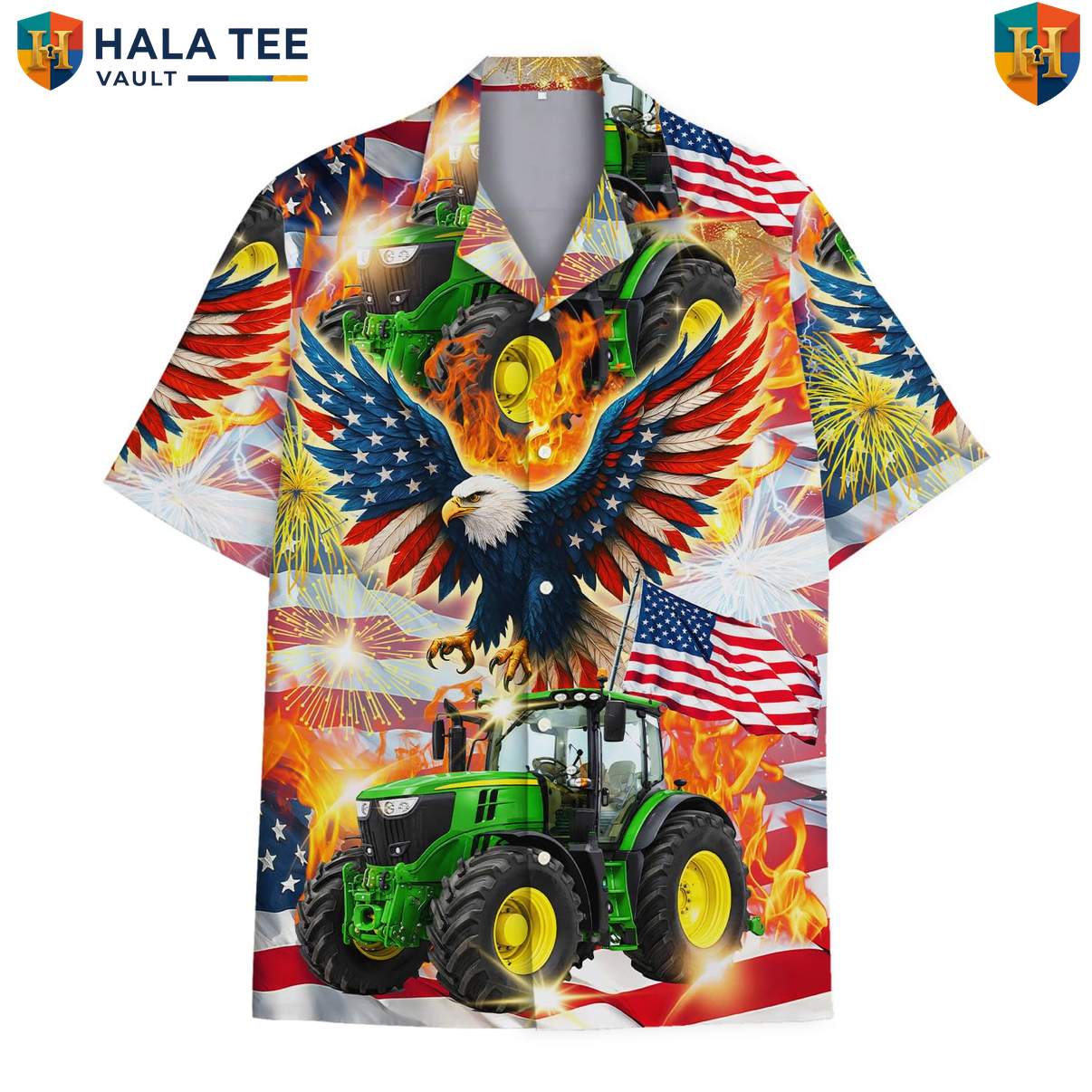 American Eagle Tractor Tropical Shirt Mens Farm Country Patriotic Resort Top