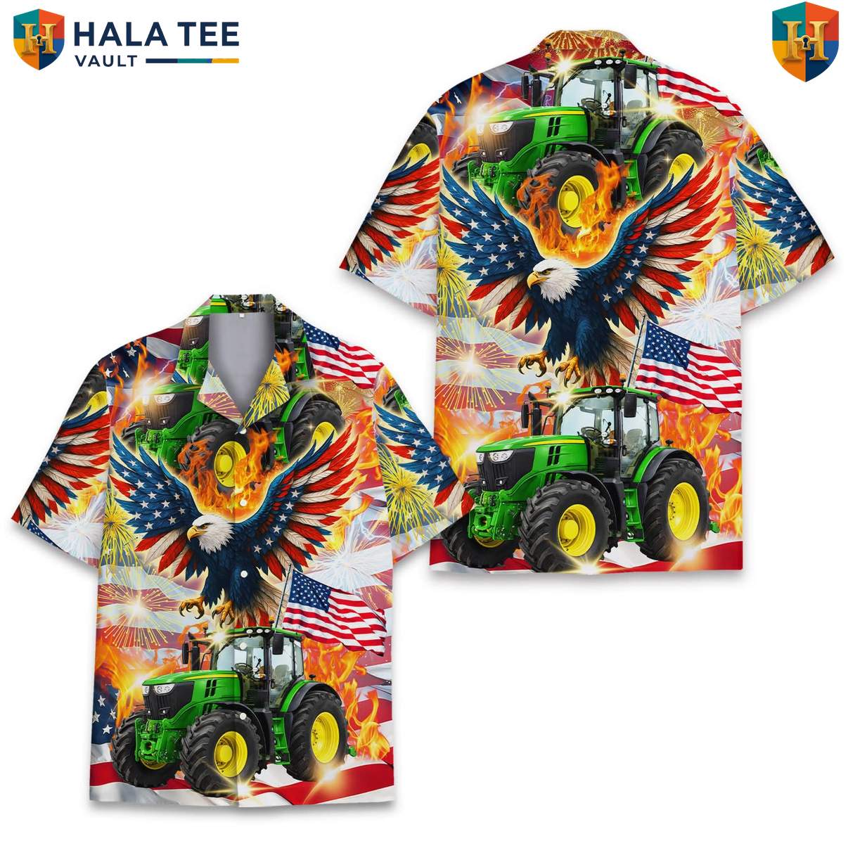 American Eagle Tractor Aloha Shirt Mens Farm Country Patriotic Resort Top