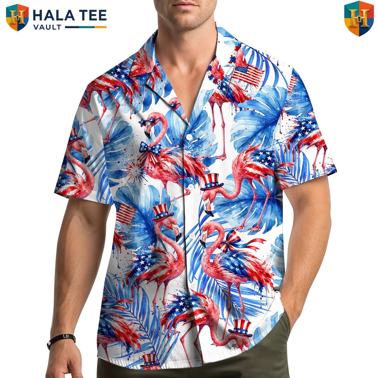 American Flag Flamingo Hawaiian Shirt Mens Fourth Of July Luau Resort Outfit