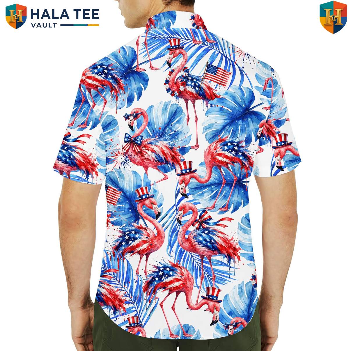 American Flag Flamingo Short-sleeve button-up shirt Mens Fourth Of July Luau Resort Outfit
