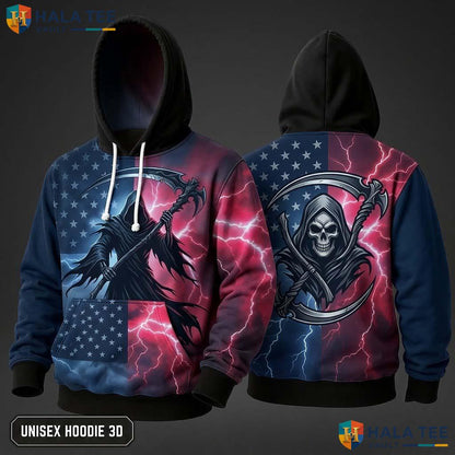 American Flag Grim Reaper 3D Hoodie Edgy Gothic Graphic Streetwear