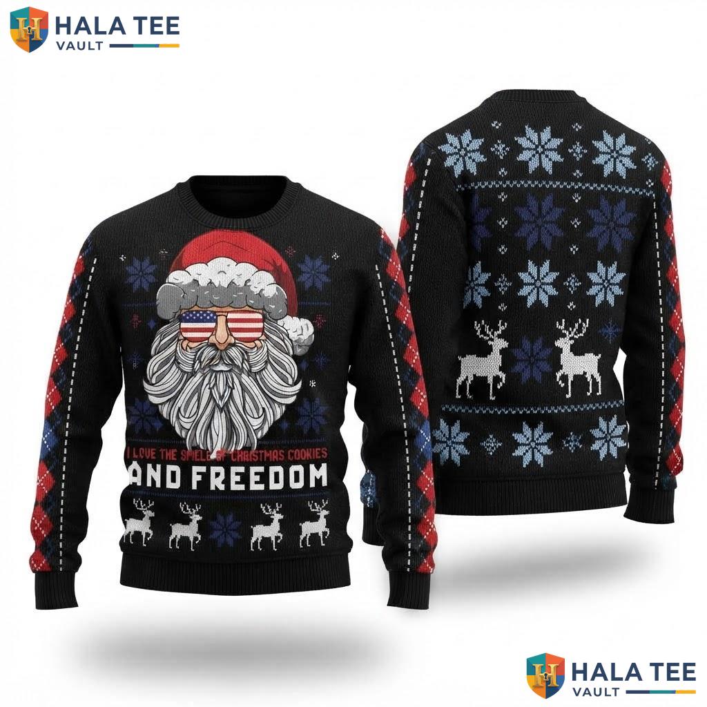 American Flag Santa Christmas Sweater Funny Freedom Patriotic Top
