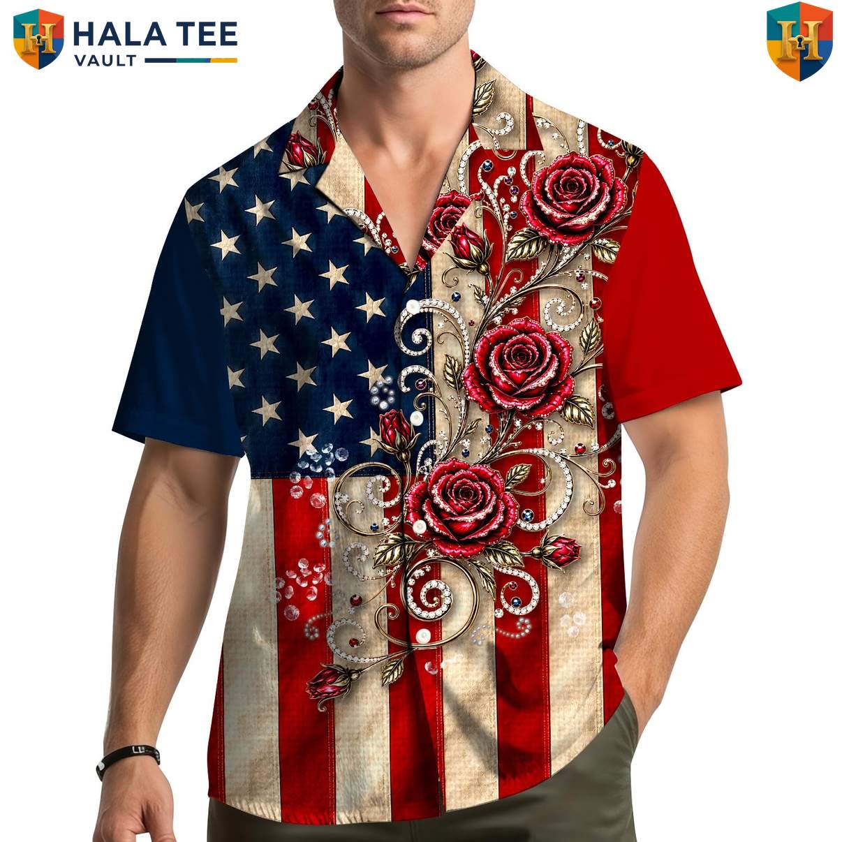 American Flag USA Hawaiian Shirt Mens Patriotic Independence Day Celebration
