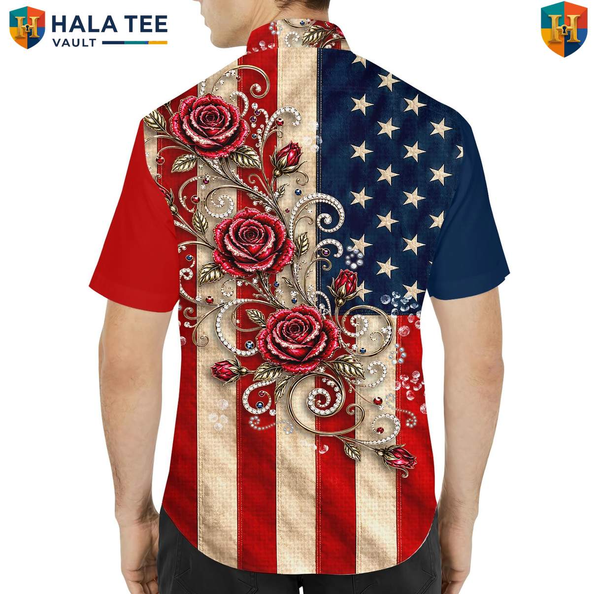 American Flag USA Short-sleeve button-up shirt Mens Patriotic Independence Day Celebration