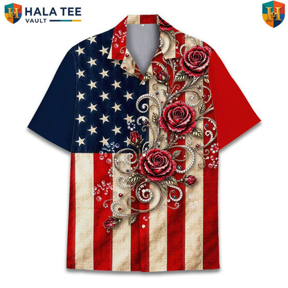 American Flag USA Aloha Shirt Mens Patriotic Independence Day Celebration