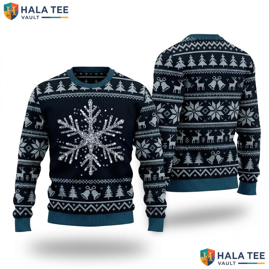Animal Graphic Reindeer Snowflake Sweater Navy Blue Vintage Christmas Top