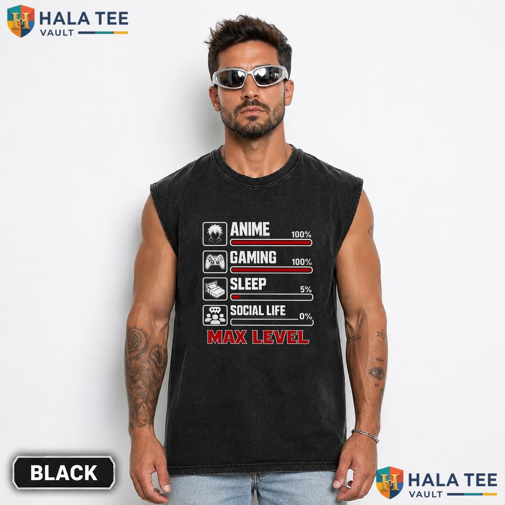 Anime Gaming Max Level Washed T-Shirt Funny Gamer Teen Boys Graphic Top Vintage Wash Shirt