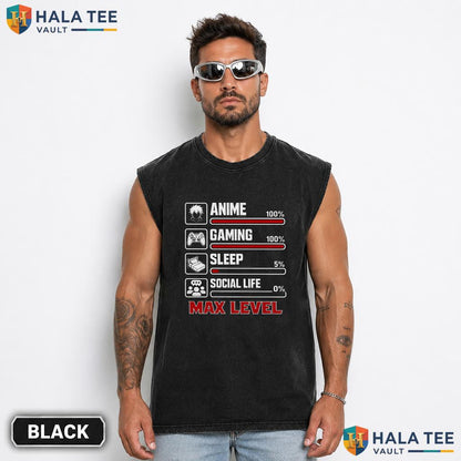 Anime Gaming Max Level Washed T-Shirt Funny Gamer Teen Boys Graphic Top Vintage Wash Shirt