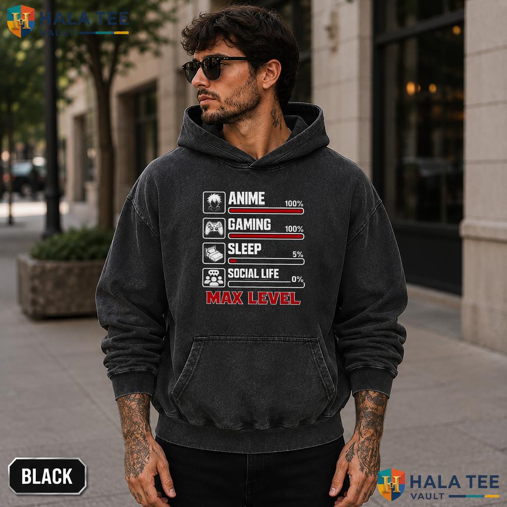 Anime Gaming Max Level Washed T-Shirt Funny Gamer Teen Boys Graphic Top Grunge style acid wash tee
