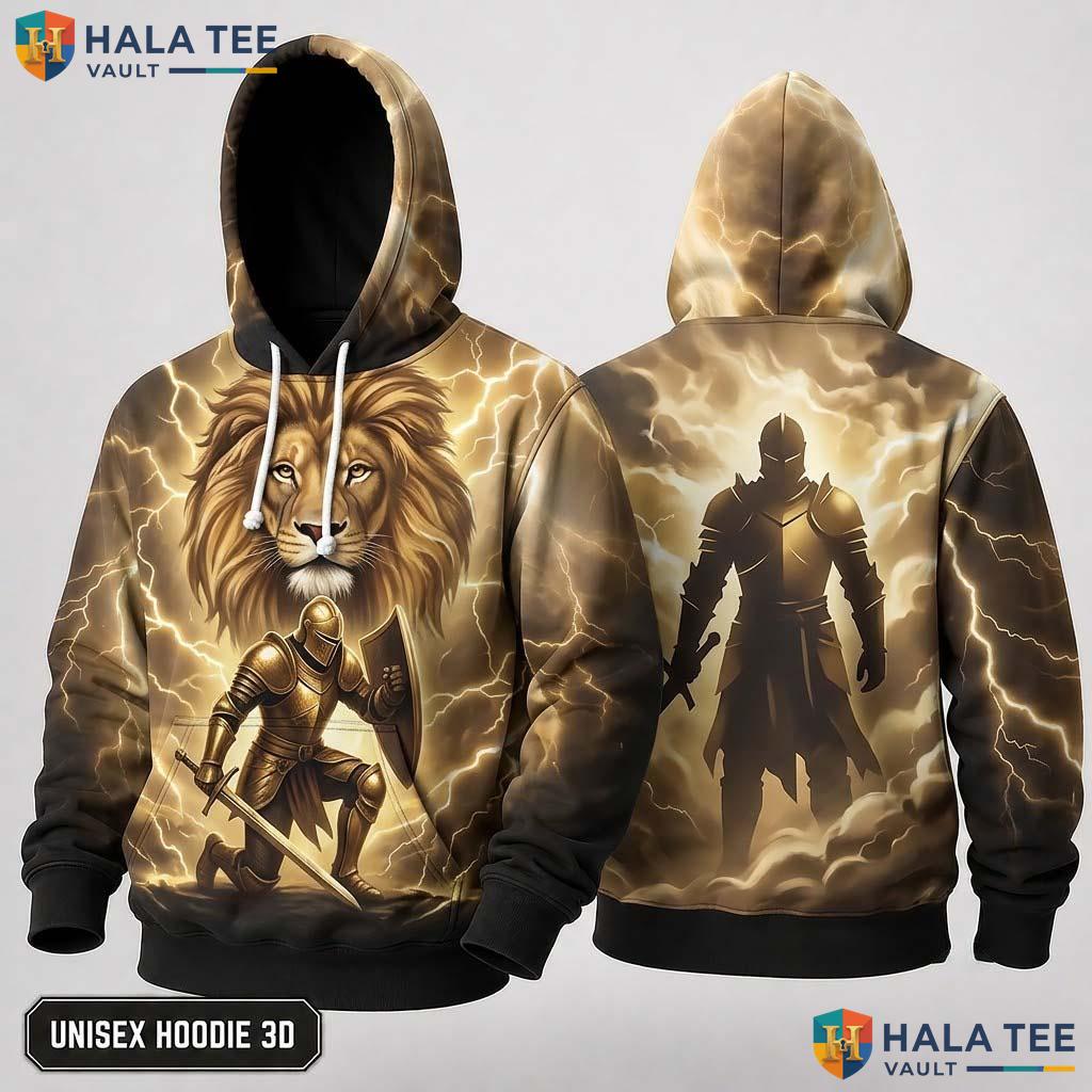 Armored Knight Lion 3D Hoodie Fierce Heroic Graphic Casual Streetwear