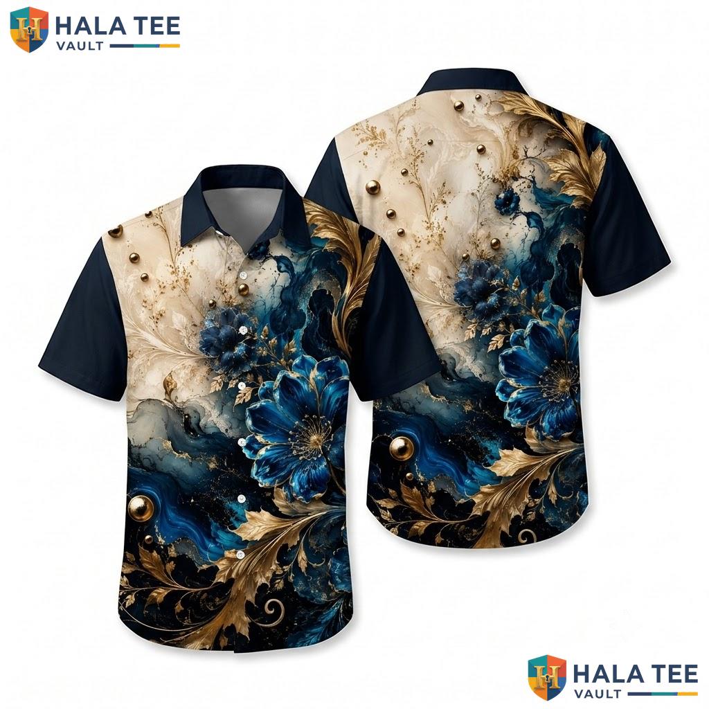 Artistic Floral Hawaiian Shirt Blue Gold Flower Print Short Sleeve Top