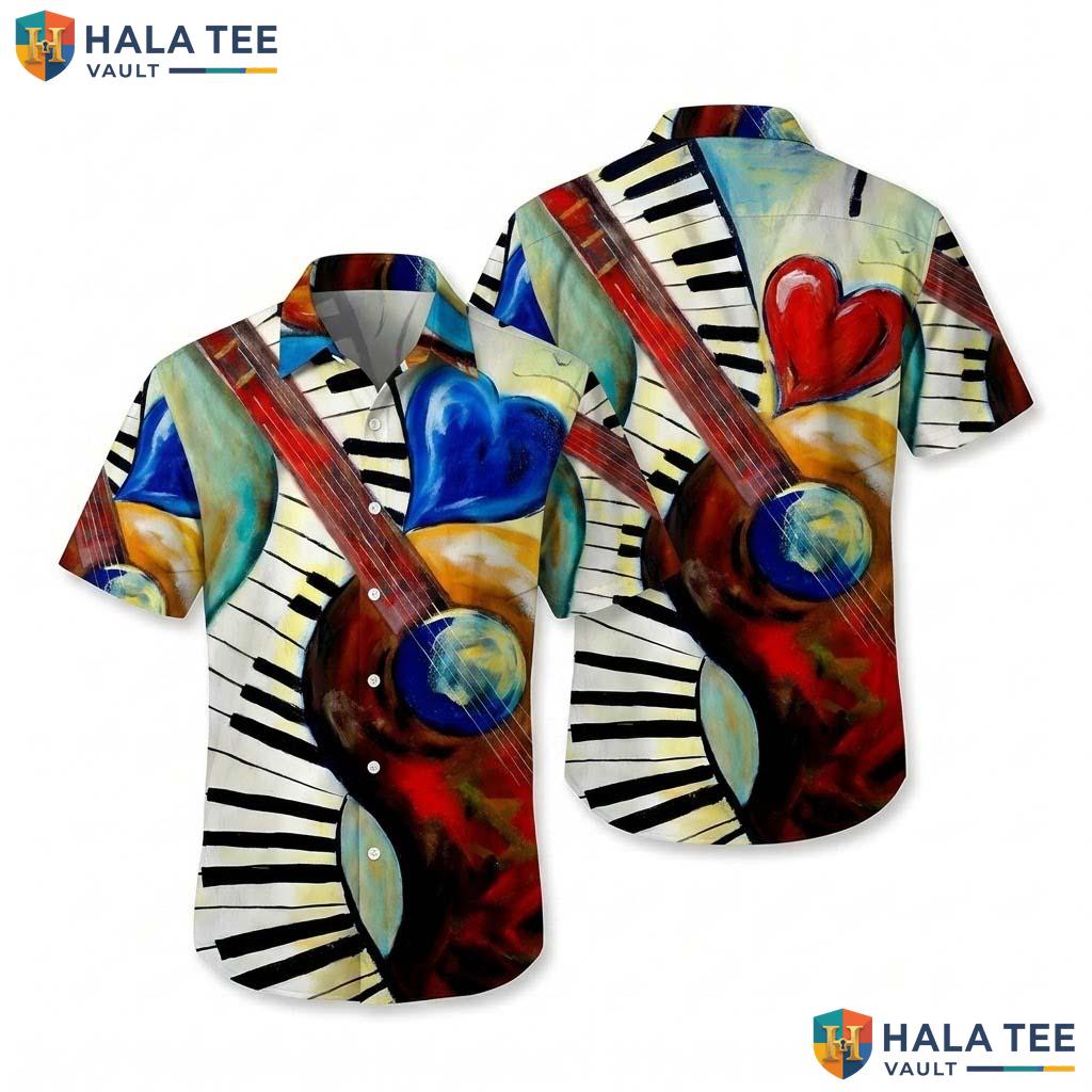 Artistic Guitar Aloha Shirt Colorful Music Note Print Button Down Party Top