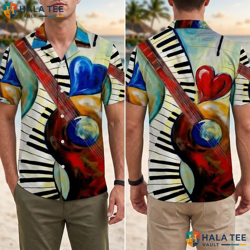 Artistic Guitar Tropical Shirt Colorful Music Note Print Button Down Party Top
