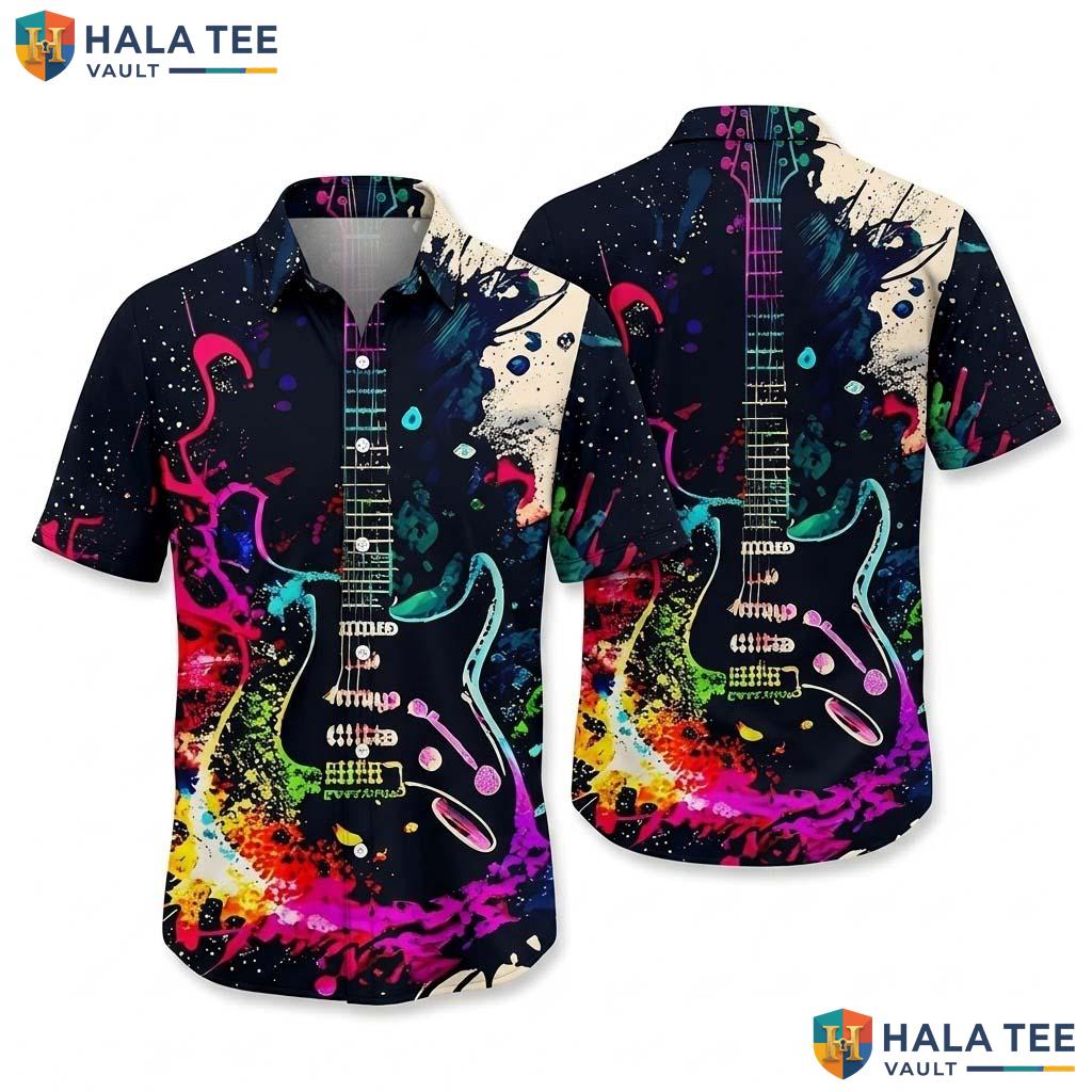 Artistic Guitar Splash Hawaiian Shirt Colorful Music Note Print Casual Top
