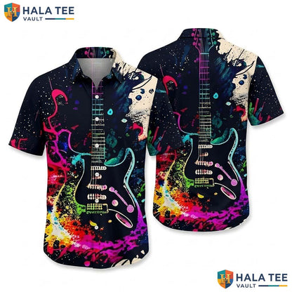 Artistic Guitar Splash Hawaiian Shirt Colorful Music Note Print Casual Top