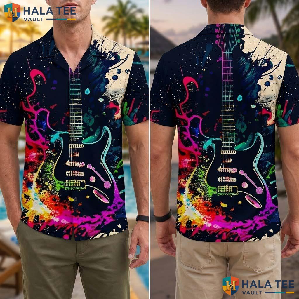 Artistic Guitar Splash Tropical Shirt Colorful Music Note Print Casual Top