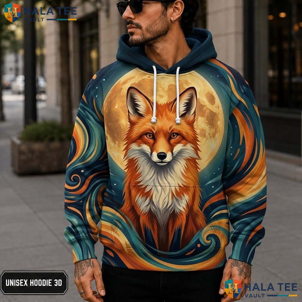 Artistic Moon Cosmic Fox 3D Printed Hoodie Vintage Unisex Graphic Pullover Top