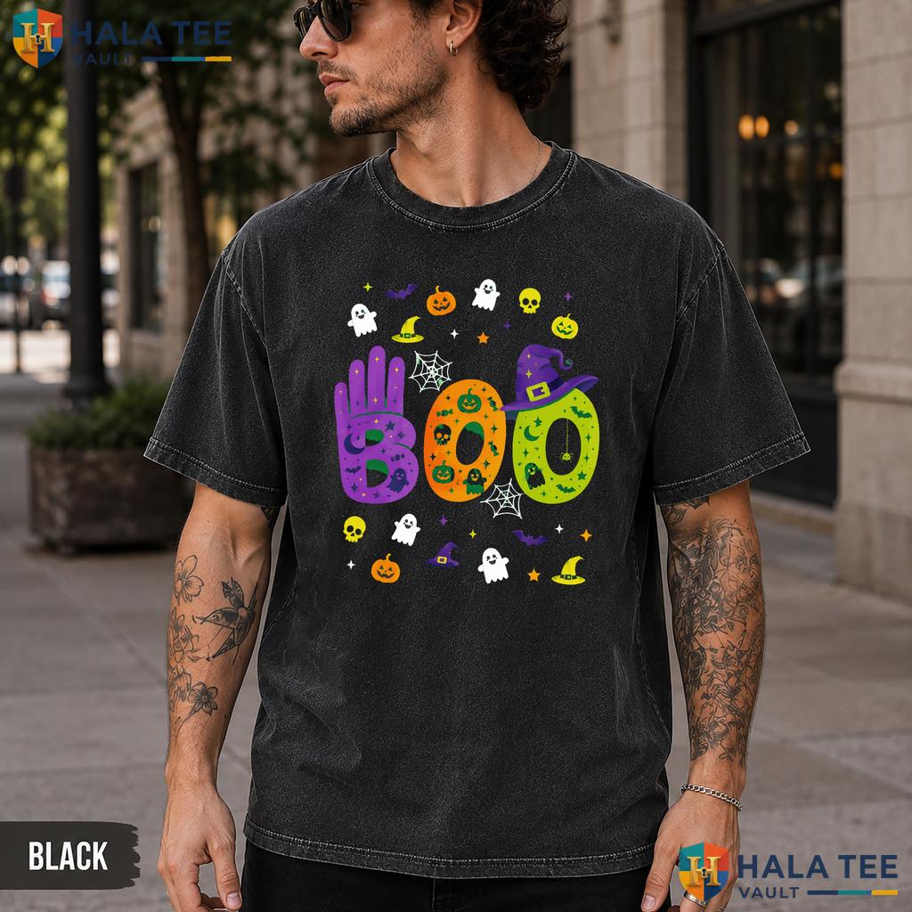 ASL Boo Hands Washed T-Shirt Proud Ghost Pumpkin Halloween Graphic Top