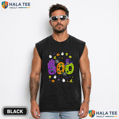 ASL Boo Hands Streetwear Washed T-Shirt Proud Ghost Pumpkin Halloween Graphic Top