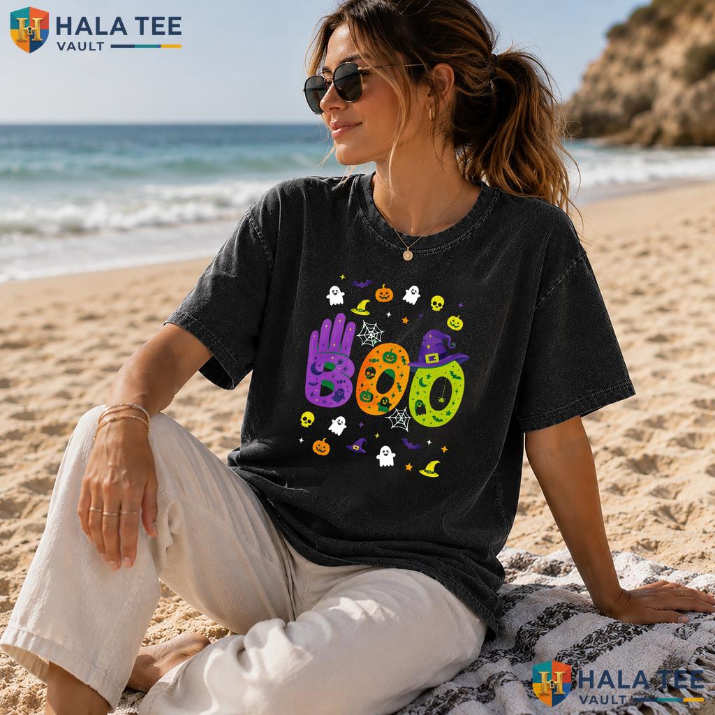 ASL Boo Hands Heavyweight Washed Shirt Proud Ghost Pumpkin Halloween Graphic Top