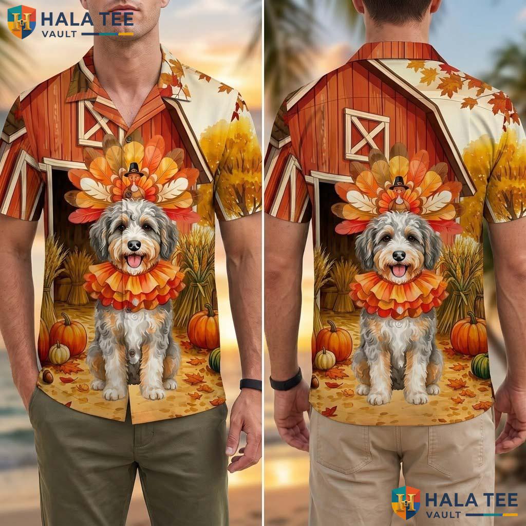Aussiedoodle Turkey Thanksgiving Tropical Shirt Dog Costume Fall Mens