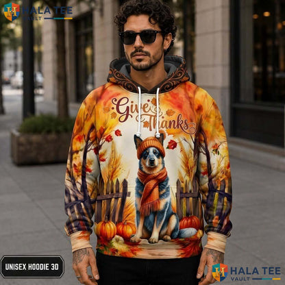 Australian Cattle Dog Thanksgiving 3D Printed Hoodie Give Thanks Fall Pumpkins
