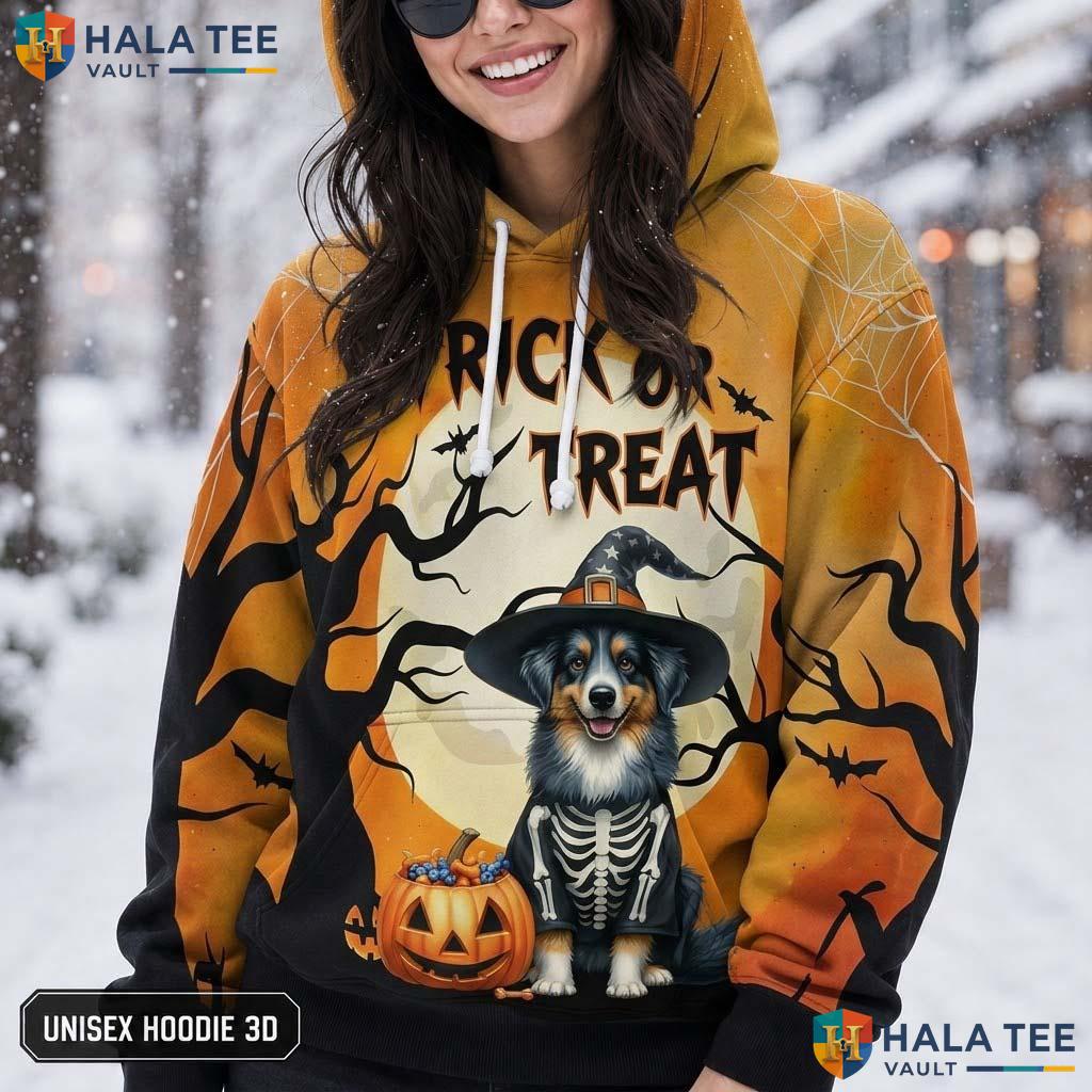 Australian Shepherd Trick Or Treat 3D Printed Hoodie Playful Halloween Graphic