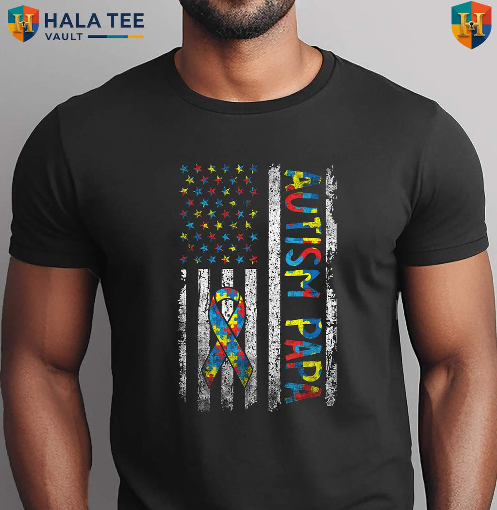 Autism Puzzle Fathers Day Shirt 2026 USA American Flag Papa Awareness Apparel