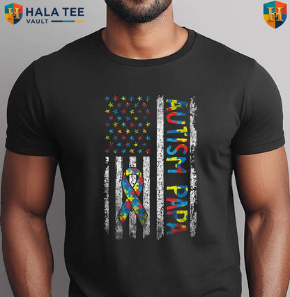 Autism Puzzle Fathers Day Shirt 2026 USA American Flag Papa Awareness Apparel