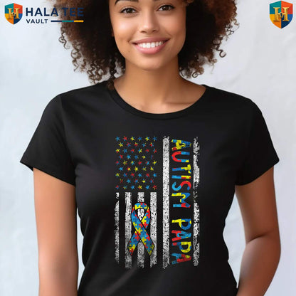 Autism Puzzle Fathers Day Tee Shirt 2026 USA American Flag Papa Awareness Apparel