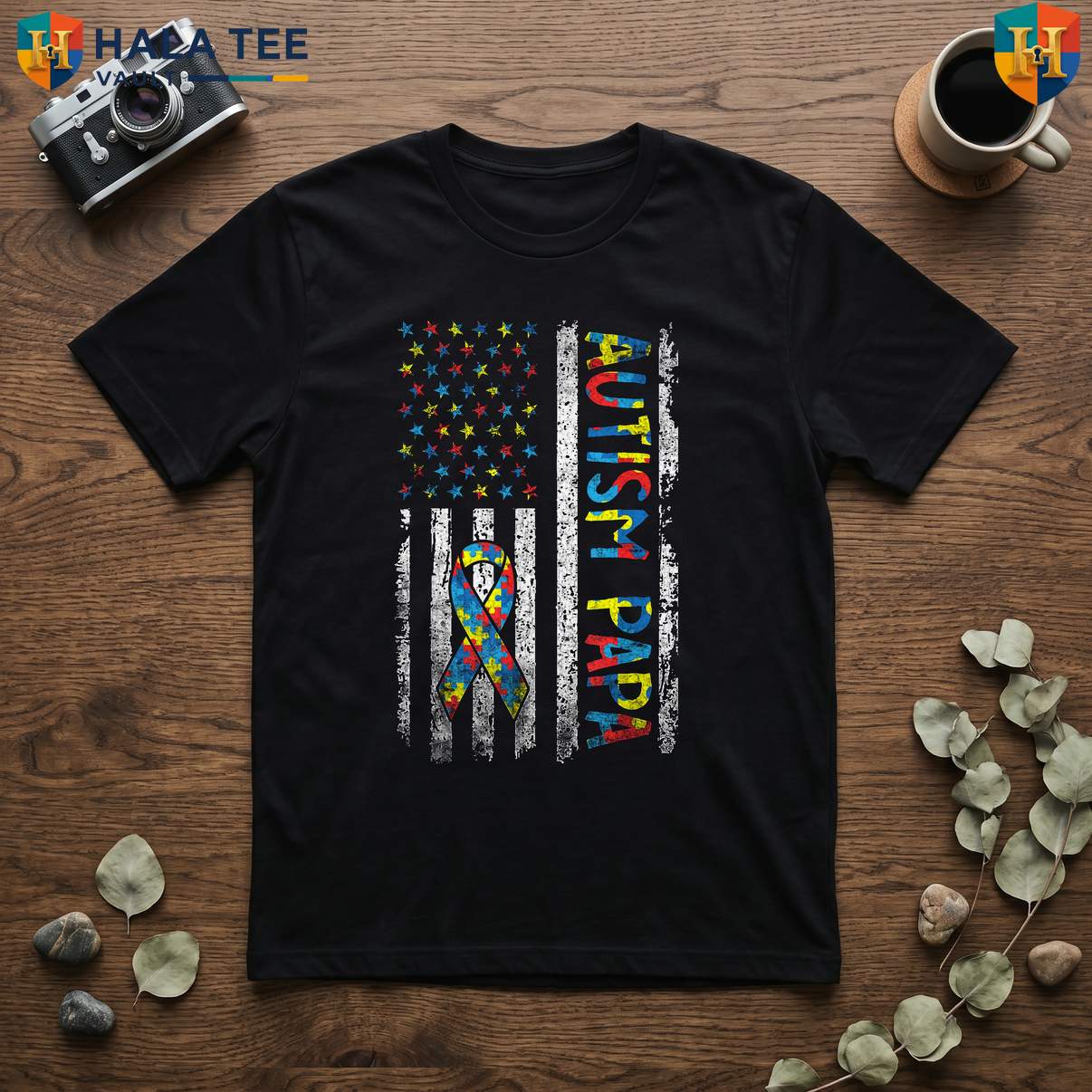 Autism Puzzle Fathers Day TShirt 2026 USA American Flag Papa Awareness Apparel
