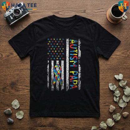 Autism Puzzle Fathers Day TShirt 2026 USA American Flag Papa Awareness Apparel